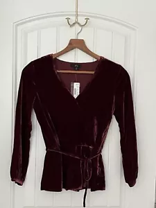J.Crew NWT Women’s 00 Burgundy Velvet Peplum Faux Wrap Blouse - Picture 1 of 8