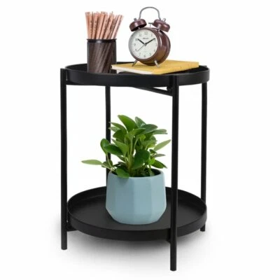 2-Tier Side Table with Removable Tray Metal Round Coffee Tables for Living Room - Image 1 of 4