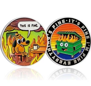 Dumpster Fire "This Is Fine" Dog Meme Challenge Coin ***Ships From USA*** - Picture 1 of 2
