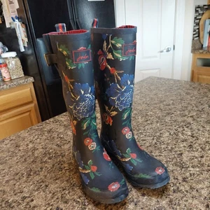 Joules Right As Rain Wellies Sz 7.5US/5UK Wom Tall Garden Rainboots Navy Floral - Picture 1 of 12