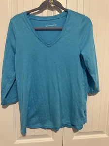 Weiche Umrandung Baumwolle Elasthan 3/4 Ärmel Top V-Ausschnitt Zierlich Mittelblau - Bild 1 von 5