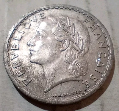 5 Francs 1949 France Coin Republique Française RF A Lavrillier Closed 9 - Image 1 of 2