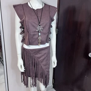 Conjunto Top Corto con Flecos y Mini Falda Marrón Pimpnella Rodeo Vaquera Occidental Talla Lg - Imagen 1 de 16