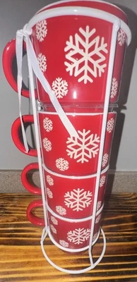 Signature Houseware Christmas Red Snowflake Stacking Mugs Set 4 Metal Stand NEW - Image 1 of 4