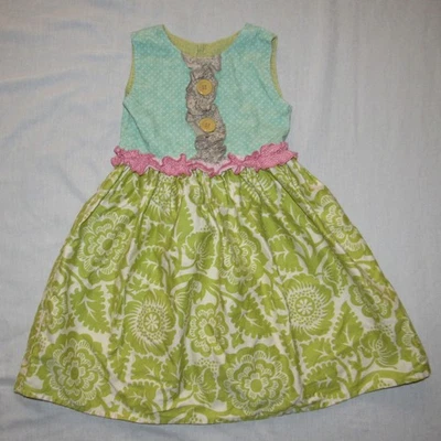 Vestido Delantal Jersey Persnickety Verde Floral Aqua Lunares Volantes Talla 5 Años Foto 1 de 3
