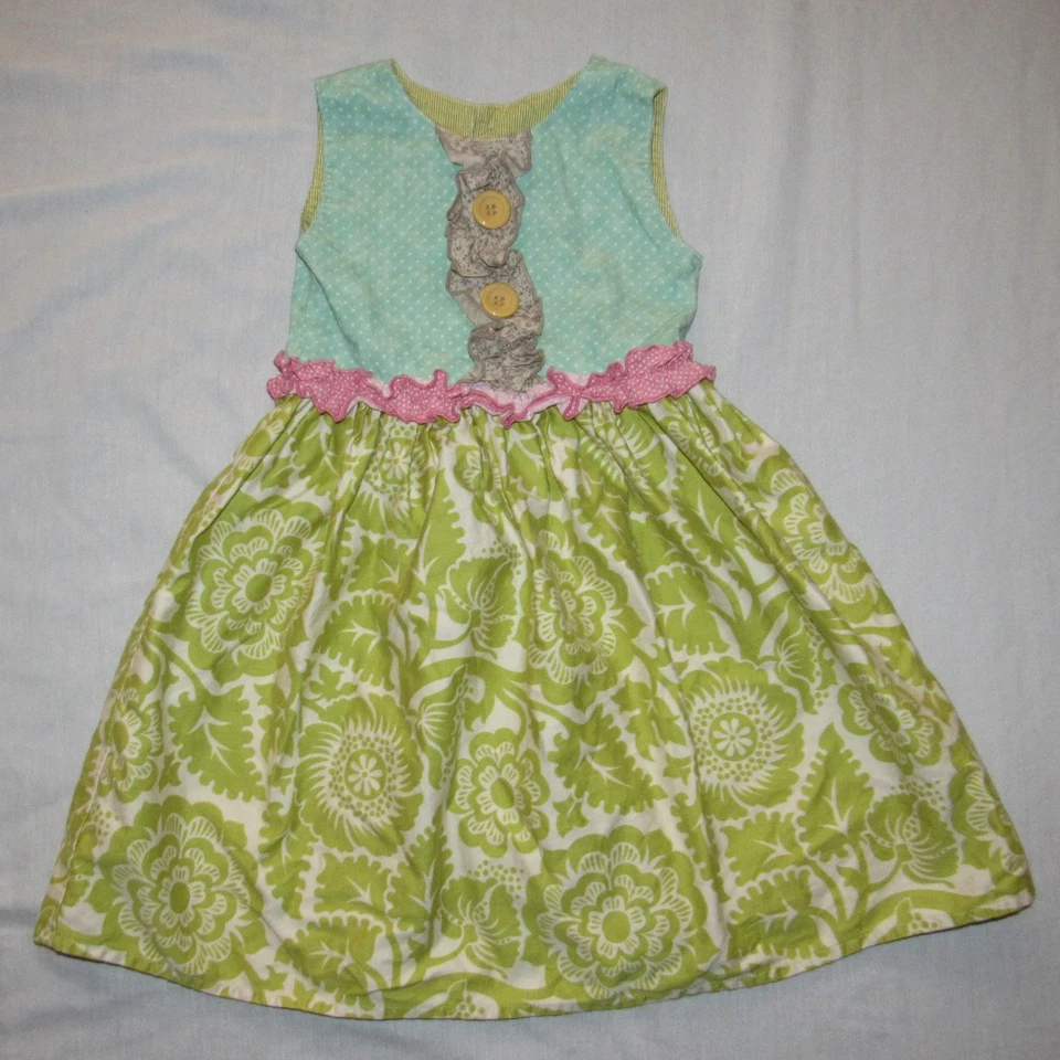Vestido Delantal Jersey Persnickety Verde Floral Aqua Lunares Volantes Talla 5 Años Foto 1 de 3