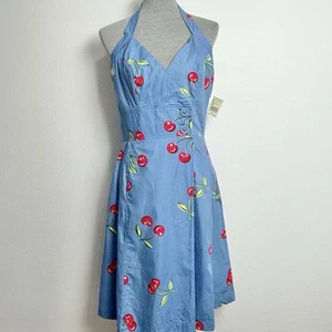 Vestido Vintage Decodificado Mediano Cerezas Halter Azul Pinup Ajuste y Acampanado Imitación Envoltura - Imagen 1 de 8