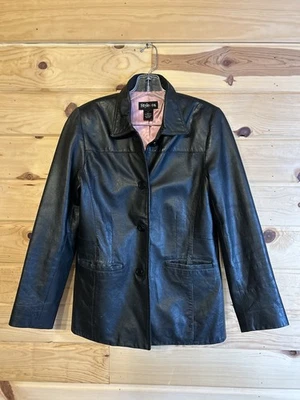 Style & Co Women’s Black Genuine Leather Jacket Small 4-Button Blazer Pink Lined - Image 1 of 4