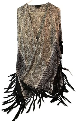 Ethnic Hippie Boho Black Off-White Lotus Flowers Tassles Shawl Cover - Изображение 1 из 4