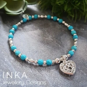 925 Sterling Silver Bracelet Turquoise Heart Stretch Beaded Stacker by INKA - Picture 1 of 6