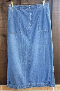 Vintage Womens 14  White Stag Blue Denim maxi skirt Embroidered Flower Side Slit - Picture 1 of 12