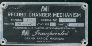 AMI D80 E80 F80 G80 Mechanism model 700 # 106889 serial # identification plate - Picture 1 of 1
