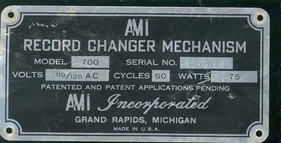 AMI D80 E80 F80 G80 Mechanism model 700 # 106889 serial # identification plate - Image 1 of 1