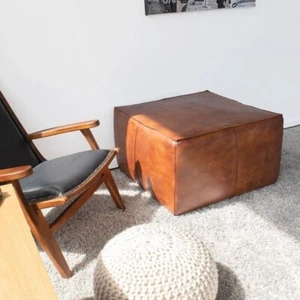Square Genuine Ottoman Leather Footstool Moroccan Pouffe 30'' Square - Picture 1 of 6