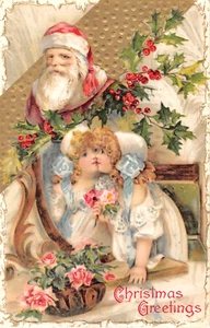 1909 Santa Watching Girls Kissing Christmas post card Winsch - Picture 1 of 2