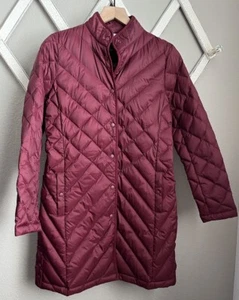 NWT! J.Jill Women’s XS Lightweight Long Down Puffer Jacket Snap Closure Bordeaux - Picture 1 of 11