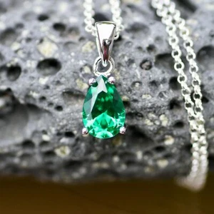 Lab Made Emerald Pendant Solid Sterling Silver 925 , May Birthstone - Picture 1 of 8