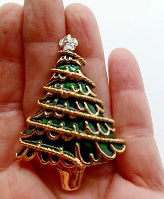 Broche de árbol de Navidad vintage Danecraft esmalte verde prendedor firmado - adorno dorado Foto 1 de 3