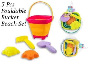 5 Pcs Foldable Beach Bucket Set with 2 Moulds Perfect For kids Beach day - Picture 1 of 9