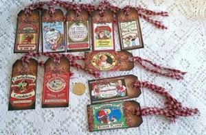 10-Christmas-Old World-Farmhouse-Primitive-Handmade-Linen Cardstock-Gift Tags - Picture 1 of 1