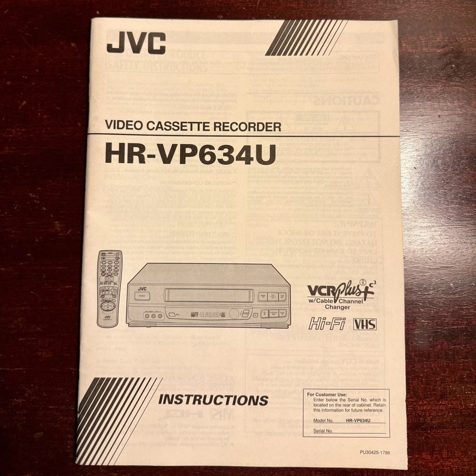 User Manual for JVC HR-VP634U VCR VHS Player - Image 1 of 4