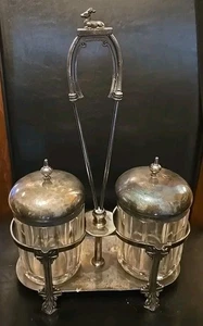 Antique Wilcox Silverplate Double Glass Jar Condiment Caddy with Deer Finial - Picture 1 of 8