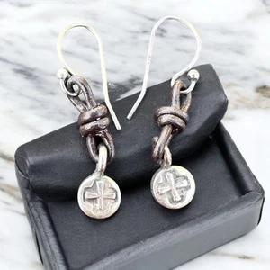 Sterling Silver Cross Leather Knot Maltese Greek Western Small Dangle Earrings - Picture 1 of 4