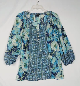 New Directions Womens Sheer Floral Print Top Lightweight Blue XL Peasant - Picture 1 of 9