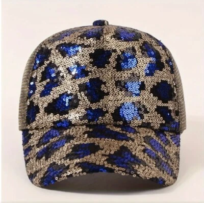 Sequined Leopard Print Adjustable Baseball Cap   Blue and Gold - Image 1 of 3