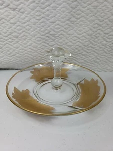 Vtg.PADEN CITY Glass Sandwich Tray Center Handle round with GOLD FLOWERS - Picture 1 of 5