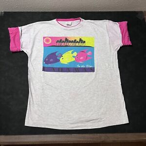 Vintage tropikalna koszula neonowy różowy flaming karaibski ocean plaża lata 80. anioł ryba