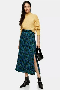 New Arrival TopShop Blue & Green Floral Pleated Popper Midi Skirt Last Size 6 - Picture 1 of 4