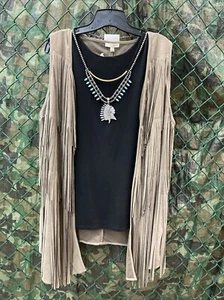 Fringed Faux Suede Vest Woman’s Size Large Boho Country Western Cover Up Top. - Picture 1 of 6