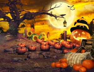 Fondo fotográfico girasoles árbol muerto calabaza de Halloween de 10x8 pies telón de fondo de vinilo LB - Imagen 1 de 10