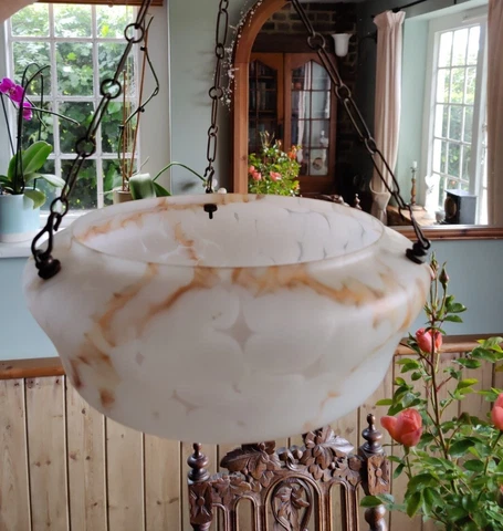 Art Deco 1930s Large Glass Light Shade Flycatcher, Hooks and Chains. No Cracks Cover
