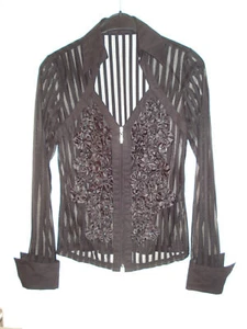 Schwarze Tuellbluse, mit Streifen und schwarzem Blumenaufsatz, Gr. L, Lucy Paris - Bild 1 von 5
