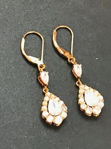 Estate 925 Marked Gold-washed Silver Clear Rhinestone Teardrop Dangle Earrings - Picture 1 of 10
