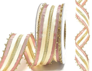 0,20€/m) Schleifenband 20m x 40mm Creme Gold Altrosa Dekoband gestreift [3051] - Bild 1 von 4