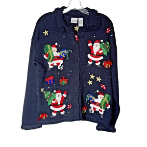 Women’s SZ M Carolina Colours Christmas Holiday Button Up Sweater Cardigan Santa - Picture 1 of 9