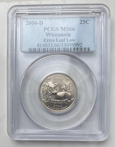 2004-D WISCONSIN EXTRA LOW LEAF STATEHOOD 25c ERROR PCGS MS 66 - Picture 1 of 2