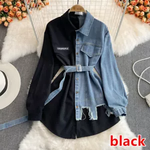 Lady Splicing Short Shirt Dress Loose Jean Denim Dress Long Sleeve Button Belted - Bild 1 von 20