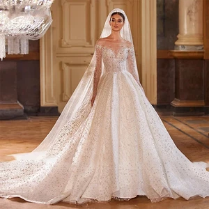 Wedding Dress Embroidery With Bead Ball Gown O-Neck Full Sleeve Church Wedding - Picture 1 of 14