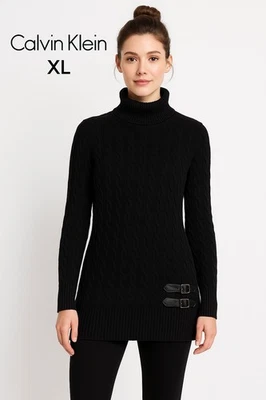 Calvin Klein Women’s Black Cable Knit Turtleneck Sweater Cotton Acrilico Size XL - Image 1 of 4