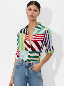 NWOT! $350 Alice + Olivia Willa Striped Silk-Chiffon Blouse , Size XS/S/M/L - Picture 1 of 17