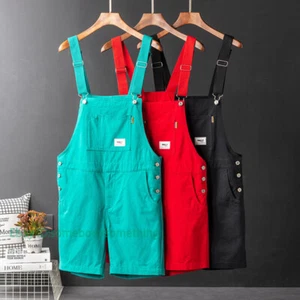 Men Summer Vintage Bib Pants Shorts Overalls Dungarees Suspenders Short Pants - Picture 1 of 26