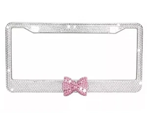 Clear 7 Rows Bling Diamond Crystal License Plate Frame With Pink Bow Tie - Picture 1 of 2
