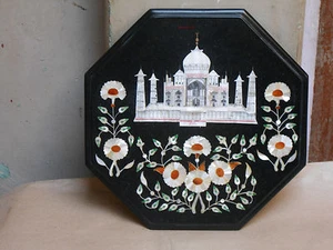 12" Black Marble Coffee Side Table Top Mosaic Taj Mahal Inlay Work antique - Picture 1 of 4