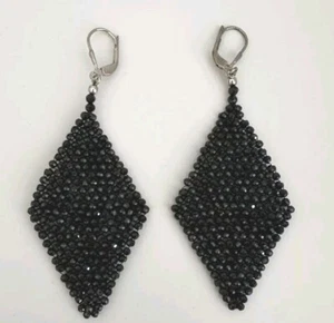 JTV sterling silver black Spinel wide beaded mesh Earrings - Picture 1 of 8