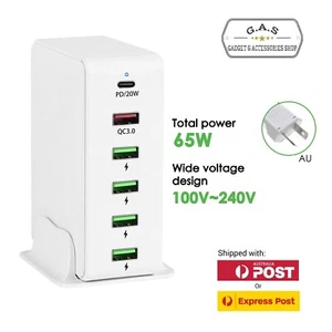 6 Port 65W QC 3.0 PD USB-A USB-C Multi Port Quick Charger Wall Charging Station - Picture 1 of 3