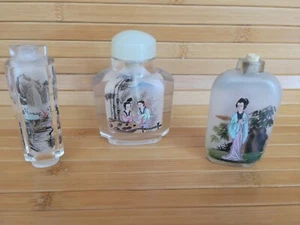 Vintage Oriental Reverse Painted Perfume Snuff Bottles Geisha Girls Scenery X 3 - Picture 1 of 13